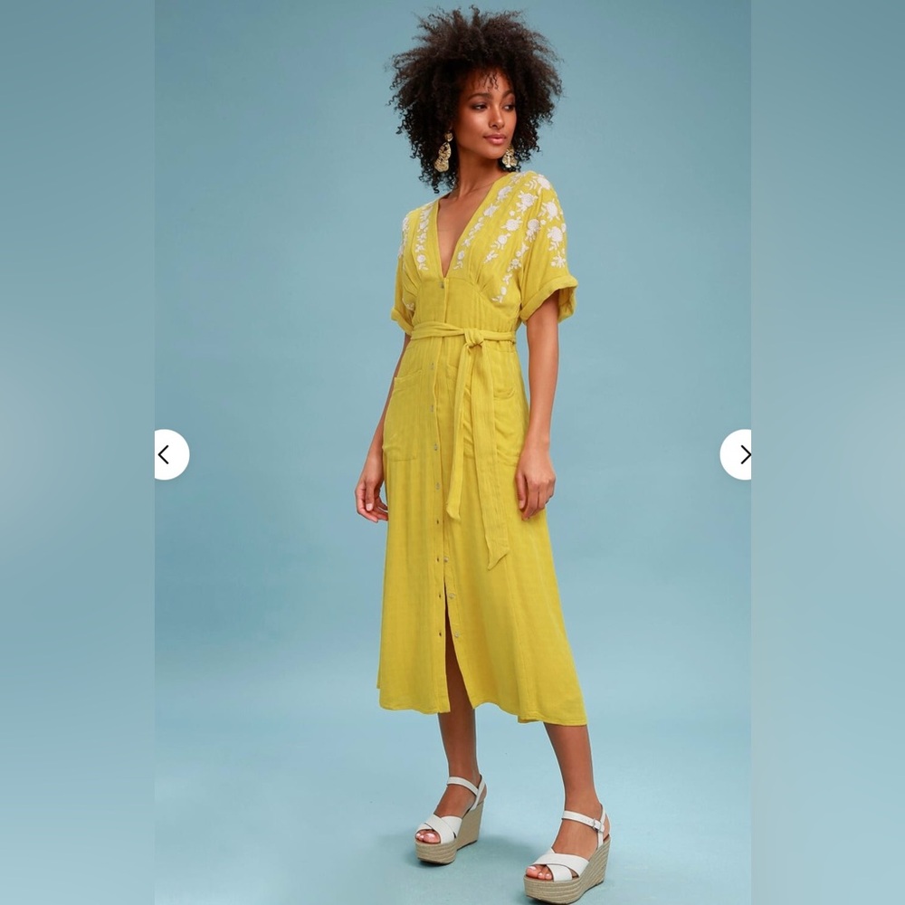 NWT Free People LOVE TO LOVE YOU Midi Dress Sz XS Yellow Embroidered MSRP $128